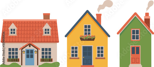 Colorful cute house illustrations showing cozy homes, residential architecture, charming neighborhood buildings, simple housing styles, and modern flat design concepts