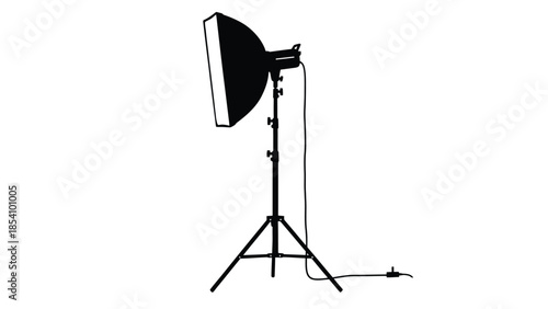 A black and white illustration of a studio lighting setup with a softbox