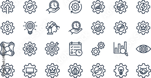 Minimal business process gear icons set featuring strategy analytics productivity teamwork goals vector illustration for corporate management workflows dashboards branding