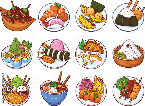 Vibrant illustration of various traditional Japanese dishes and culinary delights displayed