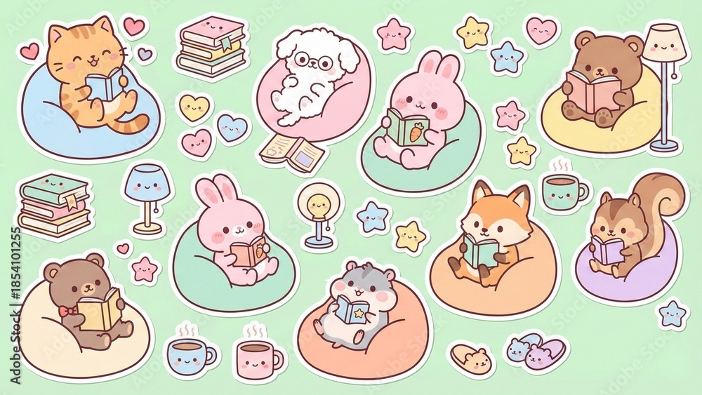 Obraz premium Adorable cartoon animals in pastel shades enjoying a peaceful reading session on comfy bean bags, creating a heartwarming scene of relaxation and literary joy