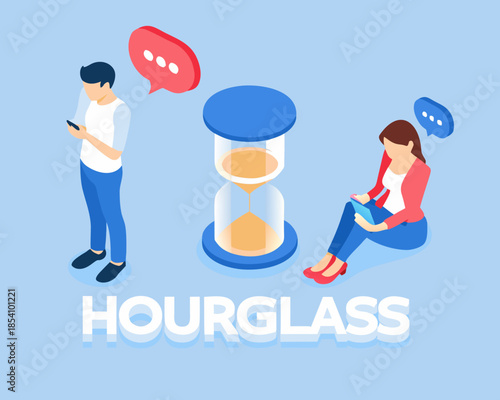 People communicating with technology and time represented by an hourglass