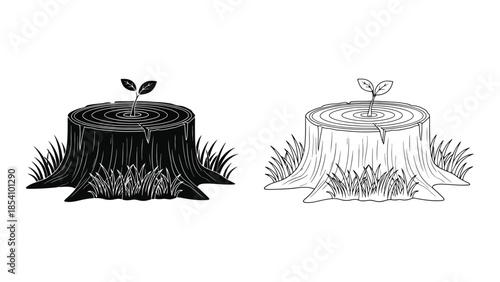 A pair of tree stumps with new growth depicted in contrasting styles