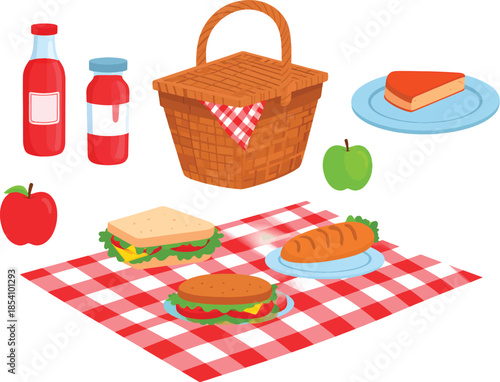 Vibrant Illustrated Outdoor Picnic Scene with Delicious Food and Basket on Blanket
