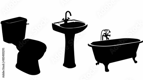 Toilet Sink and Bathtub Silhouette Illustration.
