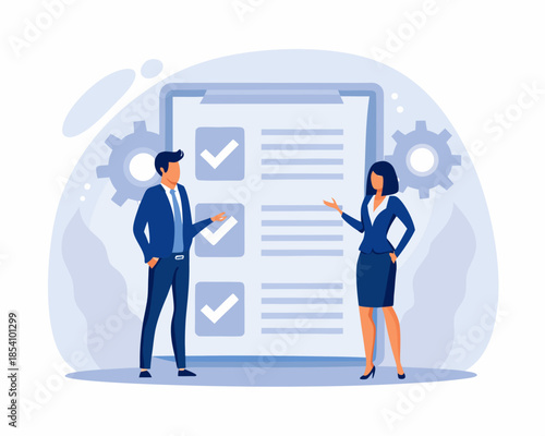 Business professionals reviewing a checklist with gears symbolizing process and efficiency