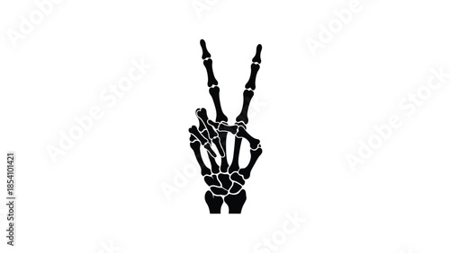 A black and white illustration of a skeletal hand making a peace sign
