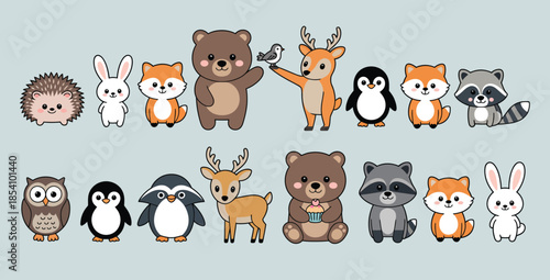 woodland characters collection featuring a cute fox, bear, deer, and owl in a watercolor style for nursery decor, baby shower invitations, and childrens forest themed illustrations.