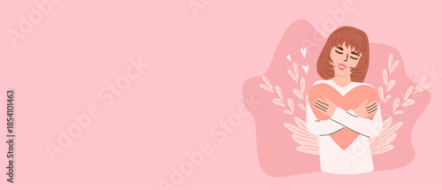 Vector background for the self love woman concept. A cute woman hugging a heart on a pink botanical background. Cartoon vector illustration of self-care.