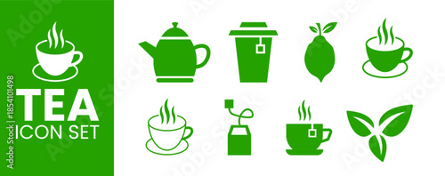 Comprehensive Green Tea Icon Set. Featuring Steaming Tea Cups, Teapot Graphics, Tea Bags, Takeaway Cups, Fresh Lemon, and Green Tea Leaves for Cafe Menus, Branding, and Healthy Lifestyle Designs.