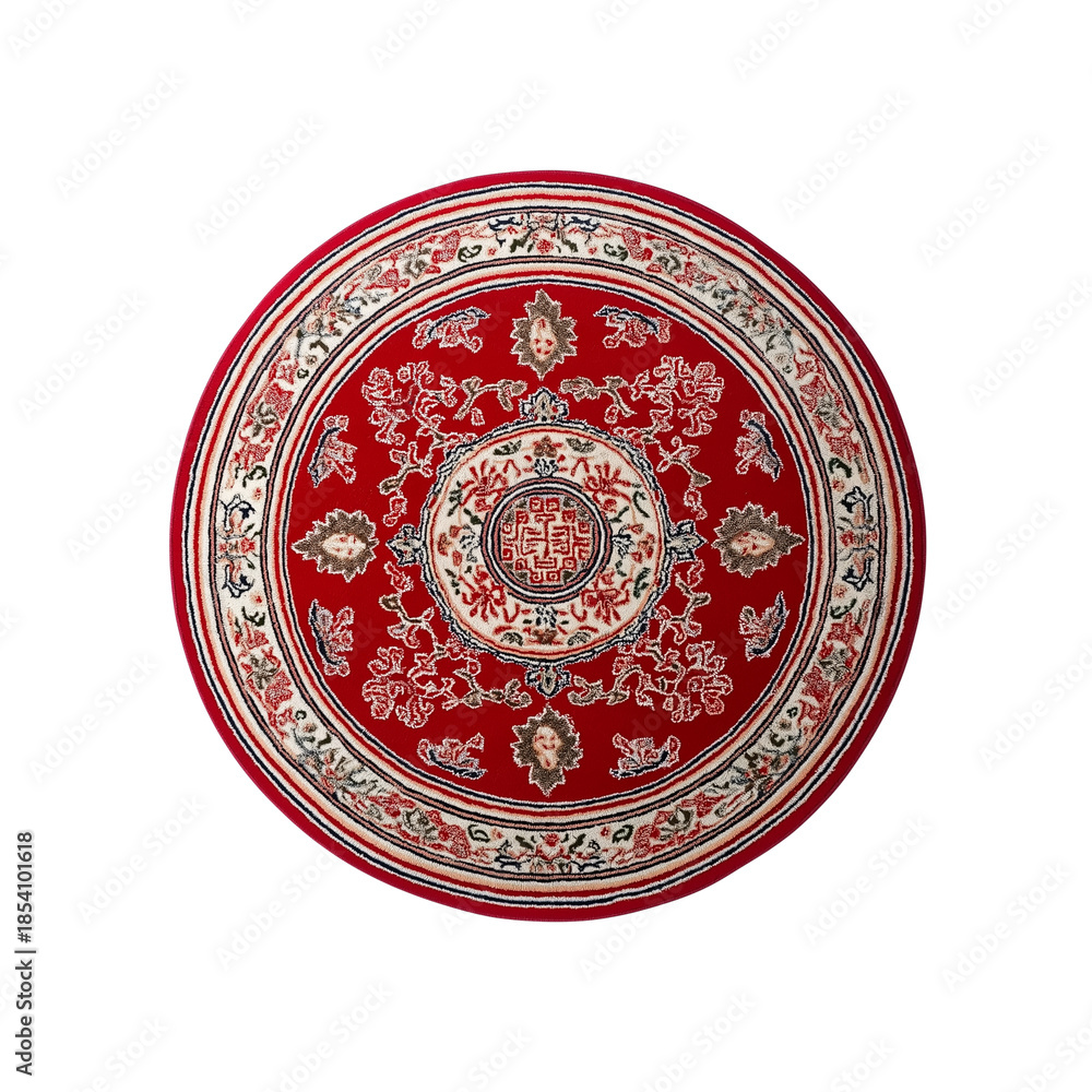 Fototapeta premium Round Red Oriental Rug With Intricate Pattern isolated on a transparent background