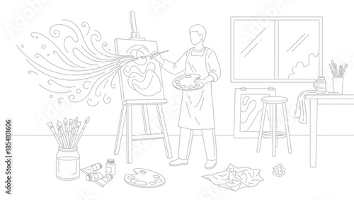 Man painting on an easel with paintbrushes and art supplies in a studio