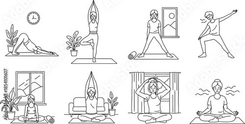 Yoga poses for flexibility and relaxation in a living room setting with plants and windows
