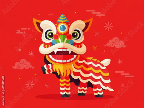 Chinese Lion Dance Illustration on Red Background for Festive Lunar New Year Artwork