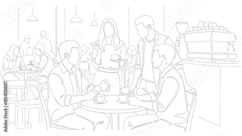 Group of people sitting at tables in a busy coffee shop interior with a coffee machine