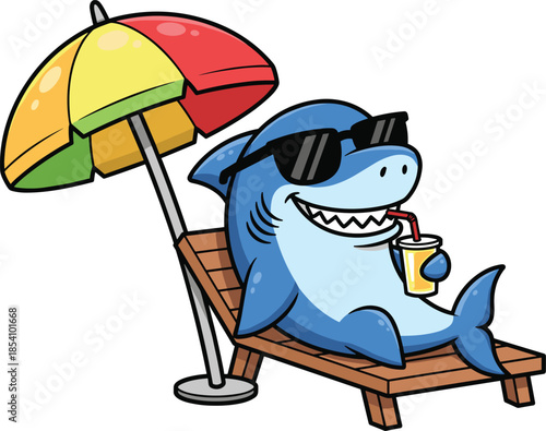 Cute, shark, cartoon, character, wearing, sunglasses, relaxing, on, beach, chair, with, umbrella, drinking, juice, summer, vacation, vector, illustration, isolated, white.