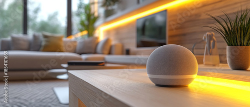 A smart speaker on a table in a cosy living room with soft lighting will emphasise a modern lifestyle — a universal backdrop for articles on technology and interior design.
