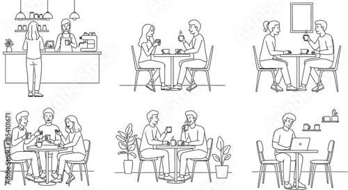 line drawing of people drinking coffee in a cafe setting with tables and chairs