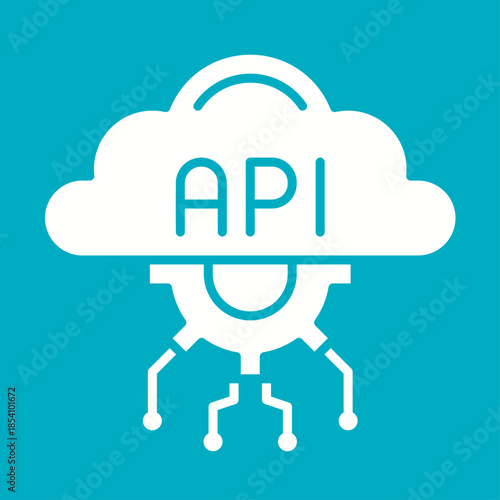 Cloud API Icon: A modern digital illustration, depicting a cloud connected to a gear with API text, representing web service and application data access, set against a teal background.