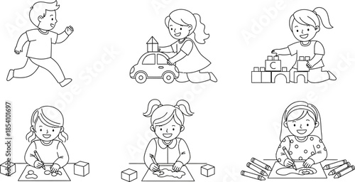 Children playing and doing creative activities with toys and art supplies in a fun educational setting