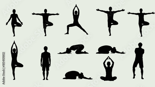 set of people in various yoga poses in black silhouette on light gray background