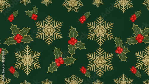 Festive holiday pattern with gold snowflakes and mistletoe on green background