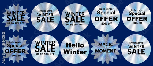 Winter sale Hologram label, holographic stickers with gradients. Realistic silver tags with text - winter sale, special offer.