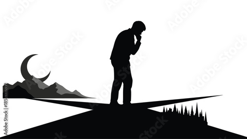 Silhouette of a man standing at a crossroads under the moonlit sky