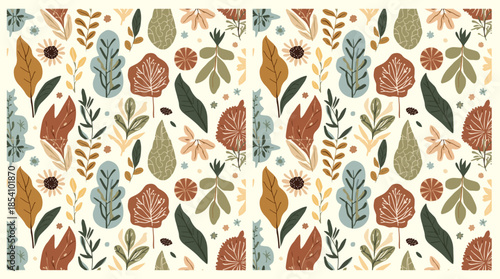 Vector template featuring organic motifs in a flat design style, with intricate patterns and shapes, incorporating earthy tones such as olive green, terracotta
