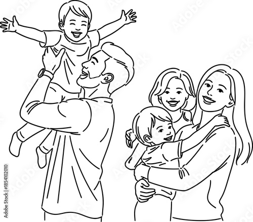 line drawing of two happy families with parents lifting children in the air smiling