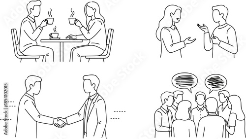 line drawing of people interacting and communicating in various social situations