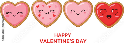 Happy Valentine's Day banner with cute kawaii heart shaped cookies