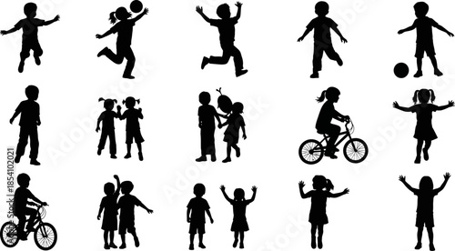 collection of silhouettes of children playing and having fun in various activities