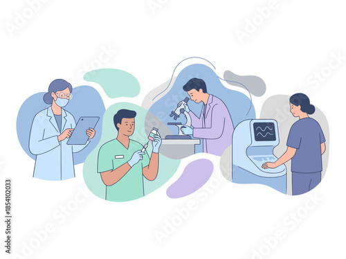 Flat cartoon vector illustration of healthcare workers actively working, Doctors, nurses, lab technicians performing tasks.
