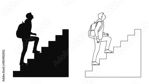 Silhouette and outline of a person ascending a set of stairs