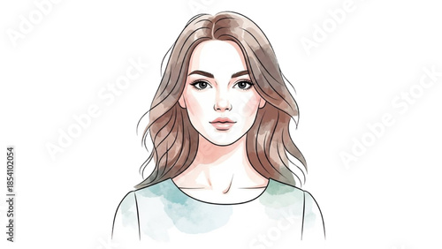 Illustration of a woman with long hair and a calm expression on a white background