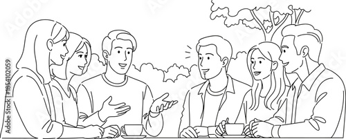 group of young adults chatting and laughing together outdoors over coffee