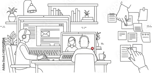 Two business people working on computers with headsets in an office environment with multiple monitors and papers