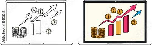 Laptop screen with financial charts, investment growth concept, money analytics, digital finance, economic progress, profit tracking, currency data visualization