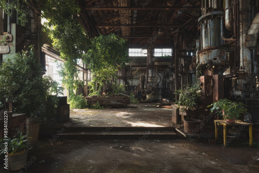 Fototapeta premium Abandoned Industrial Warehouse with Overgrown Plants and Rustic Machinery.