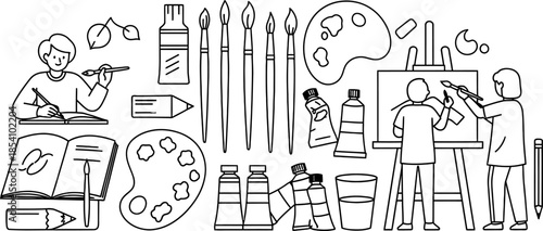 line art illustration of people painting and drawing with various art supplies