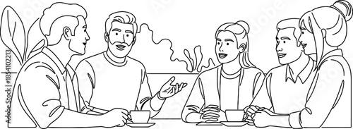 group of young adults chatting and drinking coffee together in a casual meeting