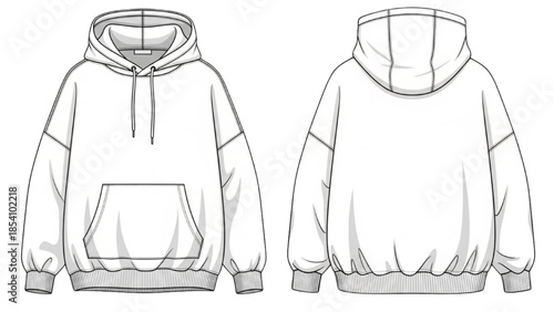 Front and back illustration of a hoodie with pocket and drawstrings