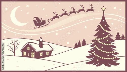 Magic Christmas eve. Santa claus delivers gifts on christmas eve with flying reindeer against a starry night sky. Santa with reindeers flying in sky.