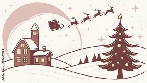 Magic Christmas eve. Santa claus delivers gifts on christmas eve with flying reindeer against a starry night sky. Santa with reindeers flying in sky.