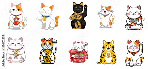 Collection of adorable Maneki-Neko cats in various poses and costumes