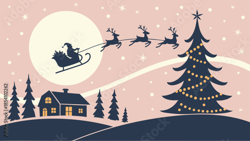 Magic Christmas eve. Santa claus delivers gifts on christmas eve with flying reindeer against a starry night sky. Santa with reindeers flying in sky.