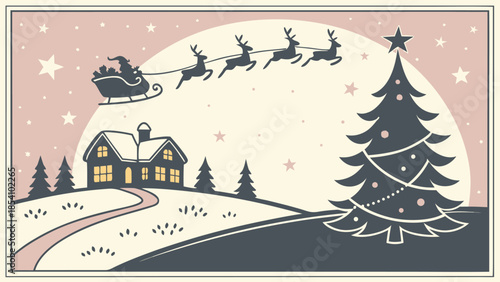 Magic Christmas eve. Santa claus delivers gifts on christmas eve with flying reindeer against a starry night sky. Santa with reindeers flying in sky.