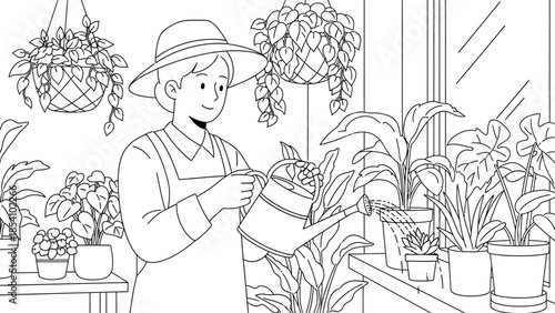 Man in hat watering plants in indoor garden with many potted plants on shelves