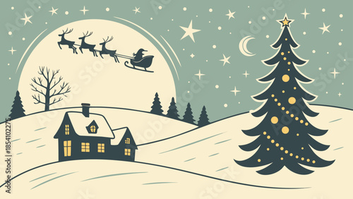 Magic Christmas eve. Santa claus delivers gifts on christmas eve with flying reindeer against a starry night sky. Santa with reindeers flying in sky.